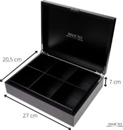 Invicto Products Theedoos 6 Vaks - Ruimte Voor 120 Theezakjes - Bamboe - Anti Slip En Anti Kras - Zwart -Greenpan Winkel 1131x1200