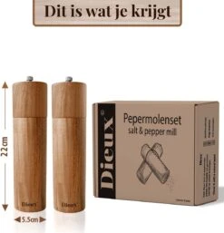Dieux® - Peper En Zoutmolen Set - Cilinder Vorm - 22CM - Zout Peper Kruiden - 2 Stuks - Acacia Hout - Instelbare Maalgraad - Duurzaam - Luxe Kwaliteit - Hervulbaar - Pepermolen - Zoutmolen - BBQ Accesoires - Pasen -Greenpan Winkel 1152x1200