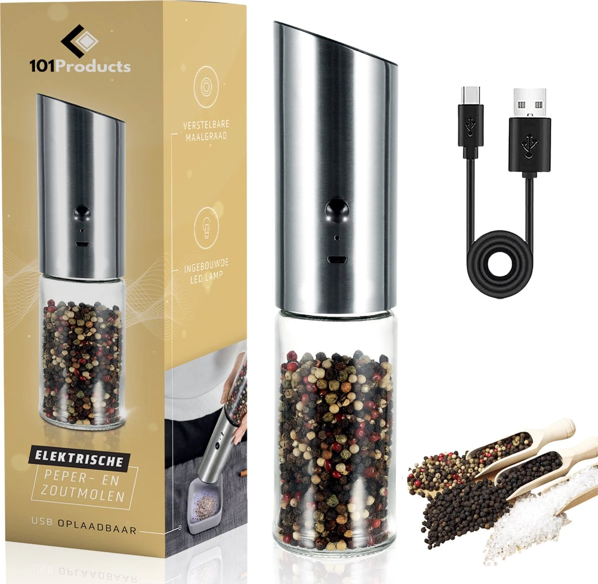 101Products Peper- & Zoutmolen Elektrisch - USB oplaadbaar - Pepermolen - Zoutmolen - RVS 101Products Peper- & Zoutmolen Elektrisch - USB Oplaadbaar - Pepermolen - Zoutmolen - RVS -Greenpan Winkel