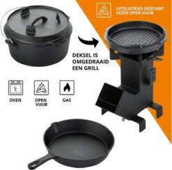 Dutch Mountains Gietijzeren Pannenset 7-delig - Dutch Oven – Braadpan - Grillpan - Hapjespan - Kookset In Houten Transportkist - Deksellifter - Brander -Greenpan Winkel 1200x1185