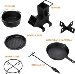Dutch Mountains Gietijzeren Pannenset 7-delig - Dutch Oven – Braadpan - Grillpan - Hapjespan - Kookset In Houten Transportkist - Deksellifter - Brander -Greenpan Winkel 1200x1197 4