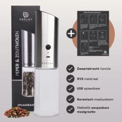 DODANA Premium Peper - & Zoutmolen Elektrisch - 1 Stuk - Pepermolen - Zoutmolen - Oplaadbaar - USB - Elektrische Pepermolen - RVS - Zwaartekracht Functie - LED Lamp - Nl Handleiding - Incl Borsteltje -Greenpan Winkel 1200x1199 3