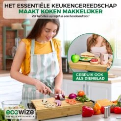 Ecowize 3-in-1 Bamboe Snijplank Met Opvangbak - Snijplank Hout Incl. 3 Roestvrijstalen Opvangbakjes Met Bamboe Deksel, 4 Inzetbare Raspen - Groentesnijder, Hakblok, Borrelplank, Tapasplank, Broodplank - 40x30cm - Duurzaam Cadeau -Greenpan Winkel 1200x1200 390