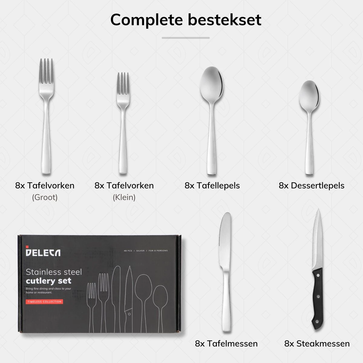 Deleca 8 Persoons Bestekset (48-delig) - Lepels, Messen, Vorken & Steakmessen - Vaatwasserbestendig - Zilver / RVS Deleca 8 Persoons Bestekset (48-delig) - Lepels, Messen, Vorken & Steakmessen - Vaatwasserbestendig - Zilver / RVS -Greenpan Winkel 1200x1200 471