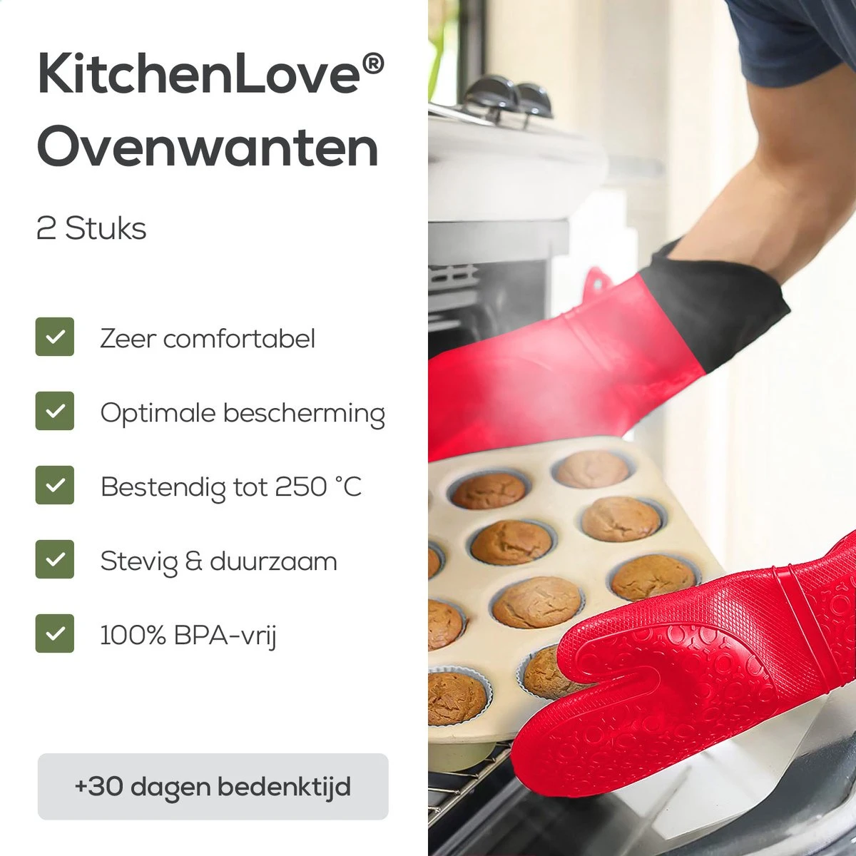 KitchenLove Ovenwanten - 2 Stuks Ovenhandschoenen - Hittebestendig tot 250 °C - Siliconen - Rood KitchenLove Ovenwanten - 2 Stuks Ovenhandschoenen - Hittebestendig Tot 250 °C - Siliconen - Rood -Greenpan Winkel 1200x1200 574