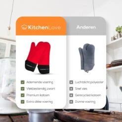 KitchenLove Ovenwanten - 2 Stuks Ovenhandschoenen - Hittebestendig Tot 250 °C - Siliconen - Rood 9 KitchenLove Ovenwanten - 2 Stuks Ovenhandschoenen - Hittebestendig Tot 250 °C - Siliconen - Rood -Greenpan Winkel 1200x1200 575