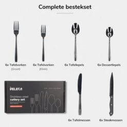 Deleca 6 Persoons Bestekset (36-delig) - Lepels, Messen, Vorken & Steakmessen - Vaatwasserbestendig - Zwart / RVS -Greenpan Winkel 1200x1200 675