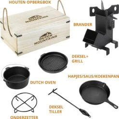 Dutch Mountains Gietijzeren Pannenset 7-delig - Dutch Oven – Braadpan - Grillpan - Hapjespan - Kookset In Houten Transportkist - Deksellifter - Brander -Greenpan Winkel 1200x1200 732