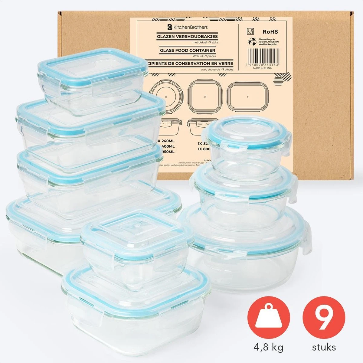 KitchenBrothers Meal Prep Bakjes - Set - Luchtdicht - BPA Vrij - Glas - 9 Stuks KitchenBrothers Meal Prep Bakjes - Set - Luchtdicht - BPA Vrij - Glas - 9 Stuks -Greenpan Winkel 1200x1200 789