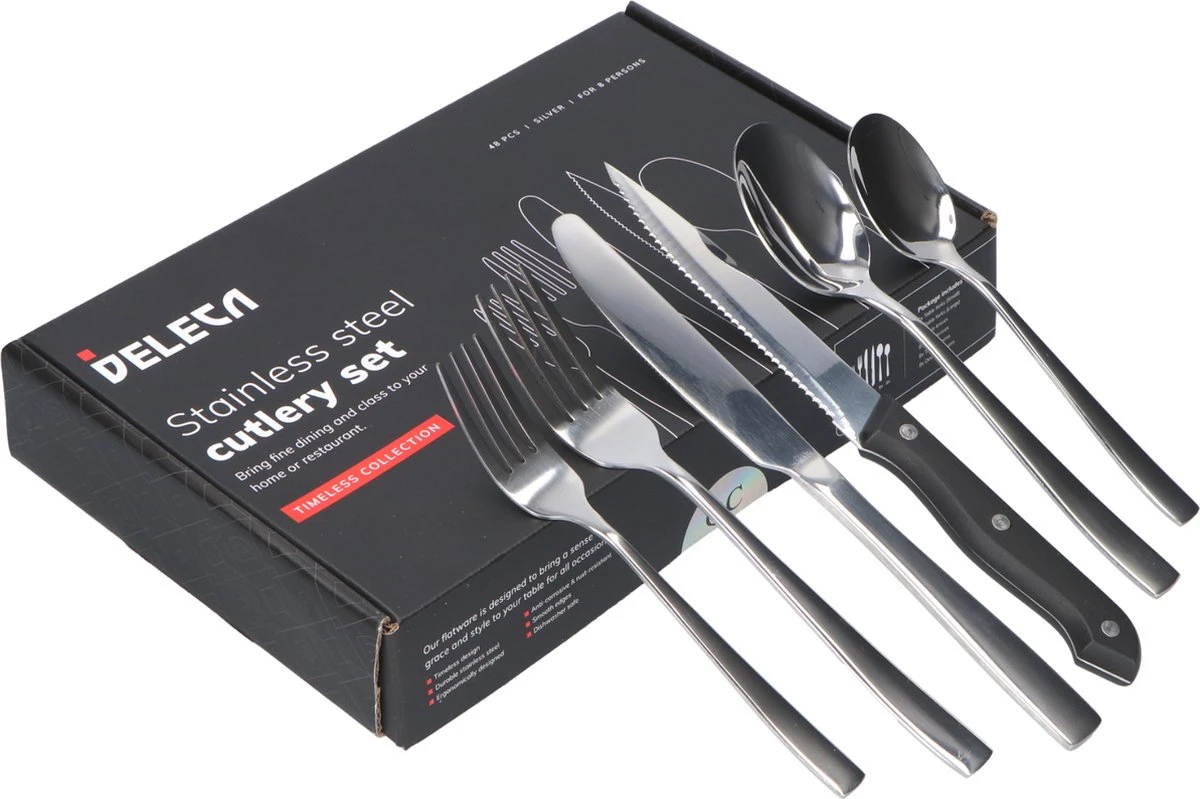 Deleca 8 Persoons Bestekset (48-delig) - Lepels, Messen, Vorken & Steakmessen - Vaatwasserbestendig - Zilver / RVS Deleca 8 Persoons Bestekset (48-delig) - Lepels, Messen, Vorken & Steakmessen - Vaatwasserbestendig - Zilver / RVS -Greenpan Winkel 1200x799 39
